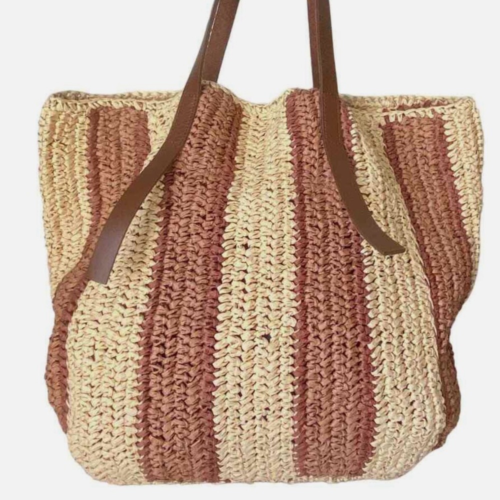 J. JILL Oversized Woven Straw Striped Tote Boho Vibes Leather Handle Market Bag - Picture 8 of 9